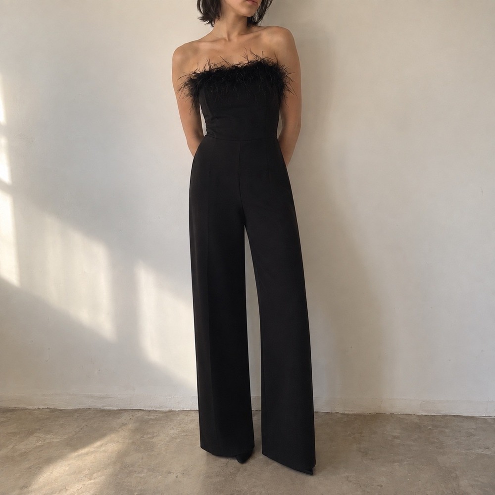 The Noli Shop Black Jumpsuit Feather Trim Strapless Small Glam Party Chic